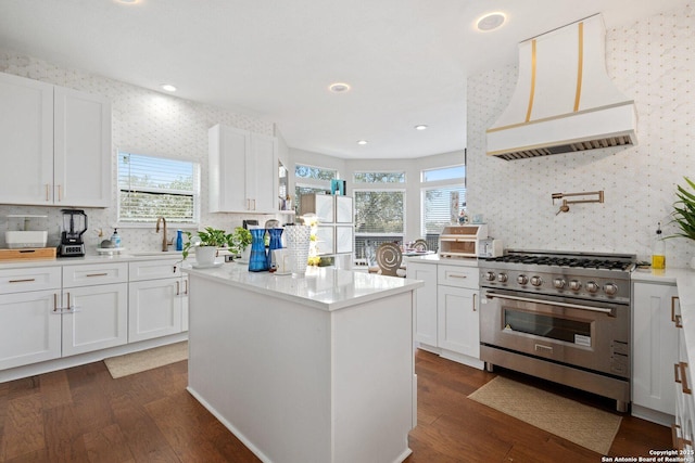 kitchen featuring high end stainless steel range oven, custom range hood, sink, and white cabinets