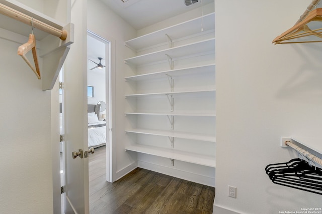 spacious closet with dark wood-type flooring and ceiling fan