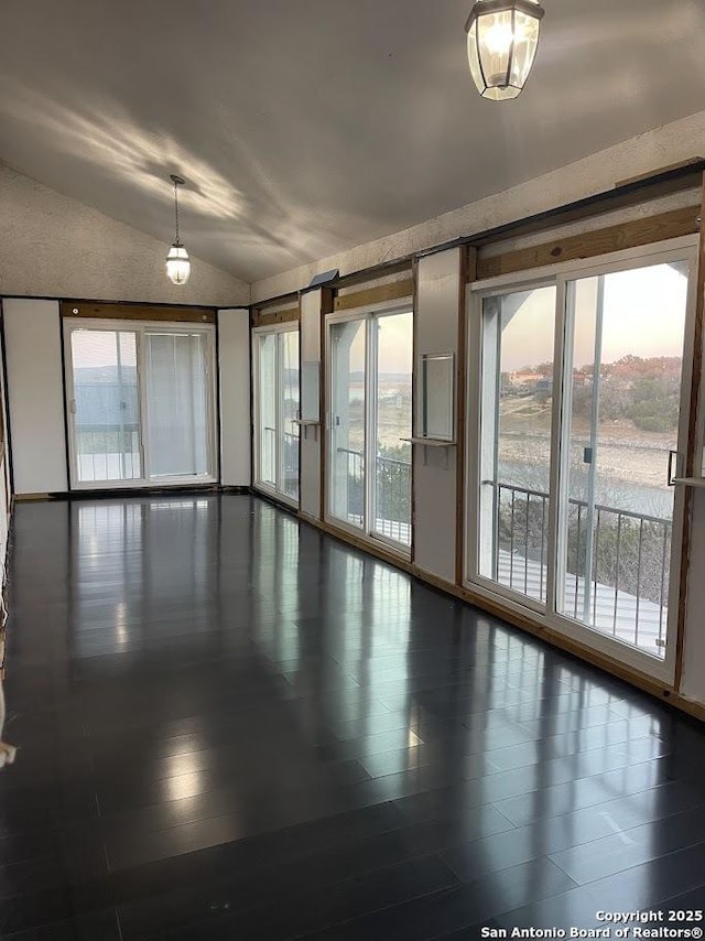 unfurnished room with lofted ceiling, plenty of natural light, and wood-type flooring