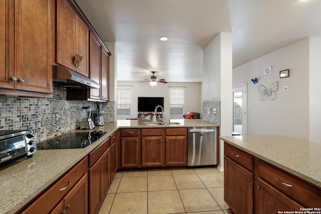 kitchen with sink, dishwasher, light stone counters, black electric cooktop, and decorative backsplash