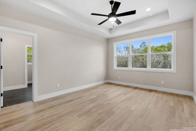 spare room with plenty of natural light, a raised ceiling, and light wood-type flooring