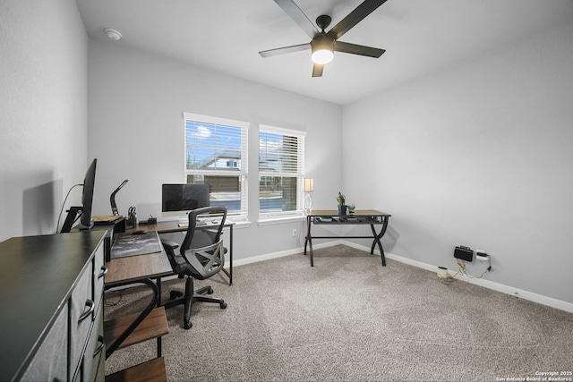 carpeted office with ceiling fan