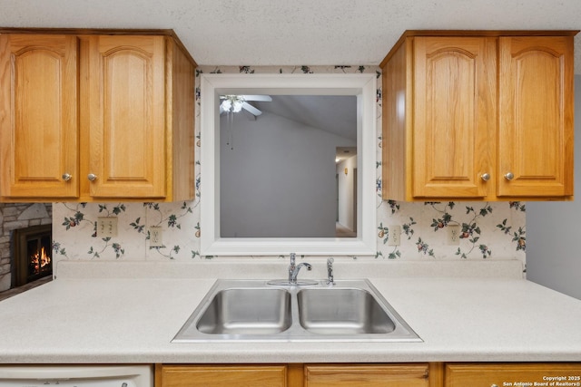 kitchen with sink, decorative backsplash, a fireplace, and dishwasher