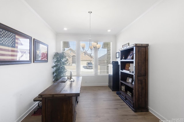 home office featuring ornamental molding, dark hardwood / wood-style flooring, and a chandelier