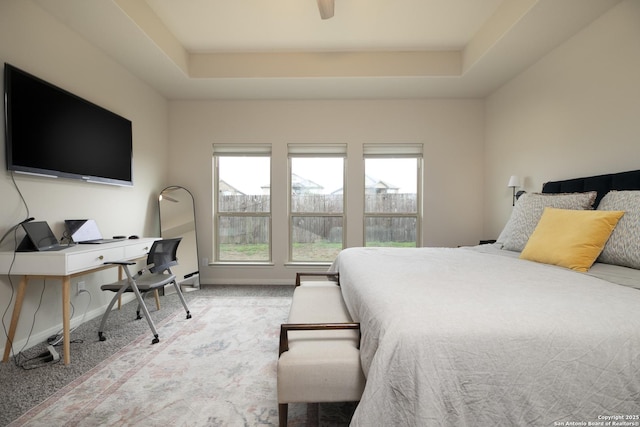 carpeted bedroom with a tray ceiling