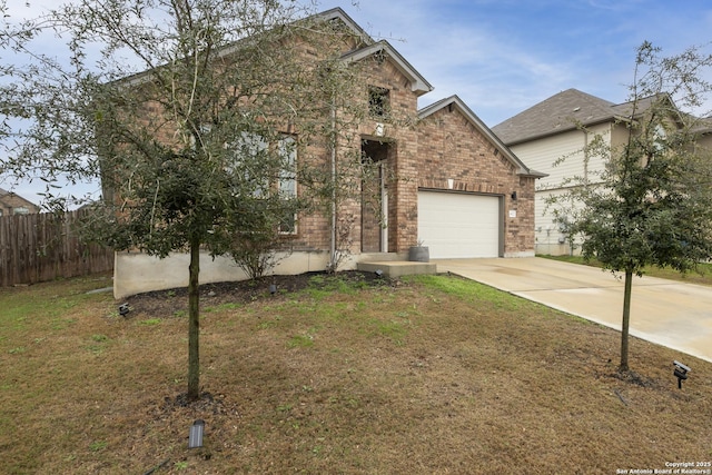 front facade with a garage and a front lawn