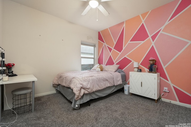 bedroom featuring dark colored carpet and ceiling fan