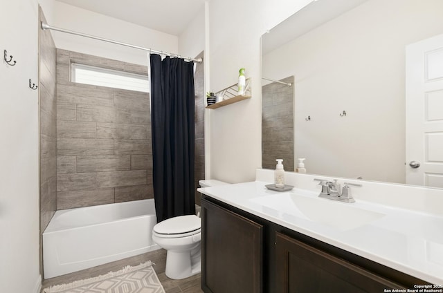 full bathroom featuring hardwood / wood-style flooring, vanity, toilet, and shower / bath combo with shower curtain