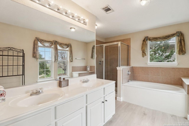 bathroom with vanity, hardwood / wood-style flooring, and independent shower and bath