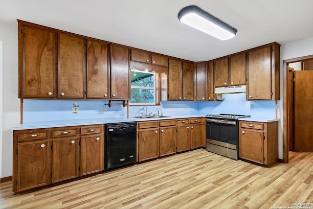 kitchen with sink, electric range, dishwasher, and light wood-type flooring