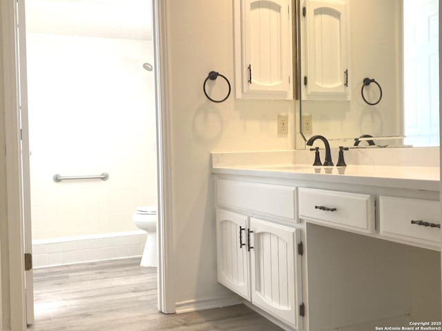 bathroom with vanity, wood-type flooring, and toilet