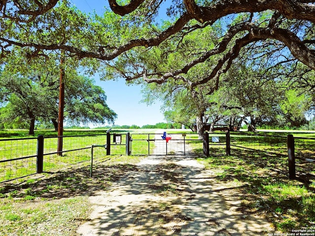 view of gate with a rural view and fence