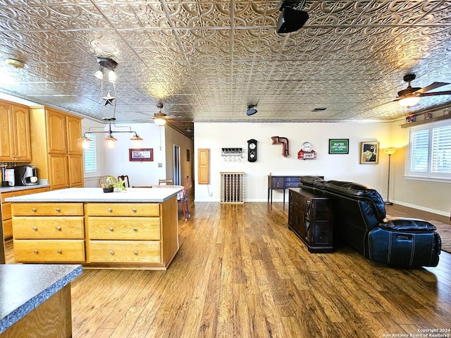 kitchen with open floor plan, ceiling fan, light wood-style flooring, and an ornate ceiling