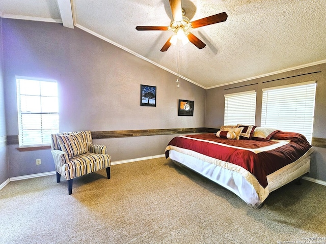 bedroom featuring carpet, ornamental molding, vaulted ceiling, and a textured ceiling