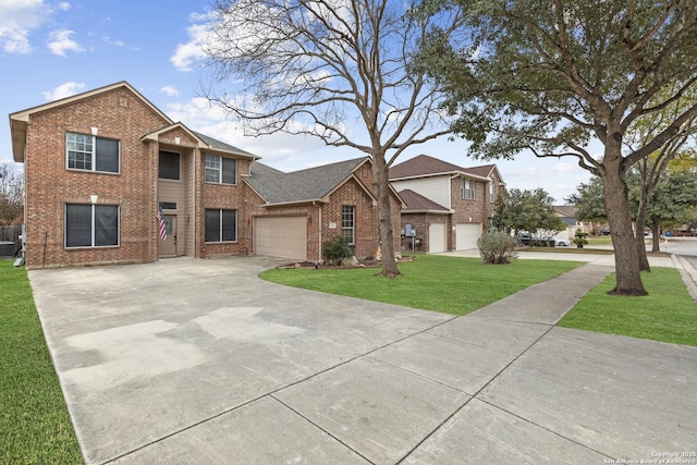 view of property with central air condition unit and a front lawn