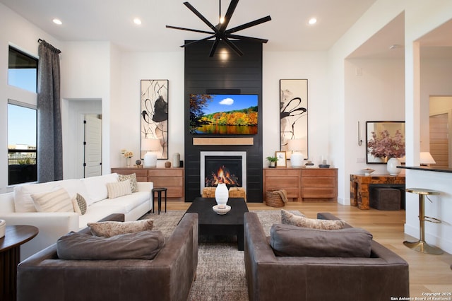 living room featuring a large fireplace and light hardwood / wood-style flooring