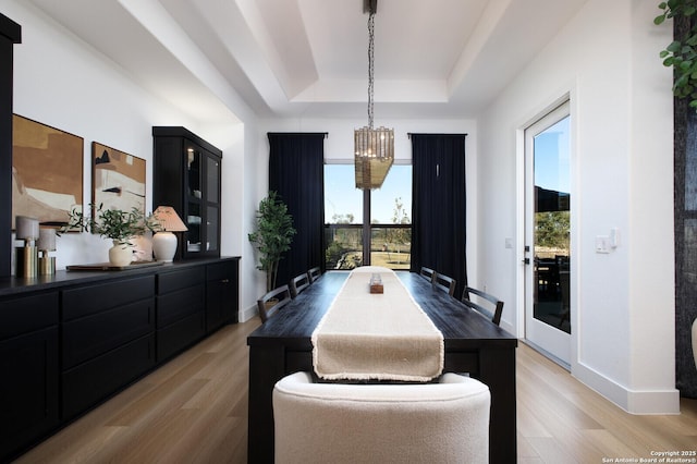 dining space with a raised ceiling and light hardwood / wood-style flooring