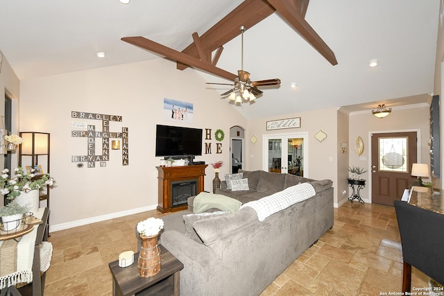 living room featuring beamed ceiling, high vaulted ceiling, and ceiling fan