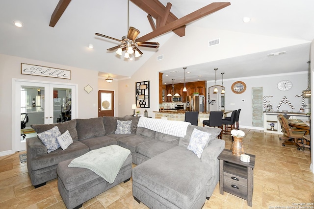 living room with beam ceiling, ceiling fan, high vaulted ceiling, and french doors