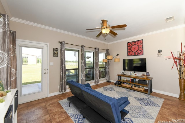 living room featuring crown molding and ceiling fan