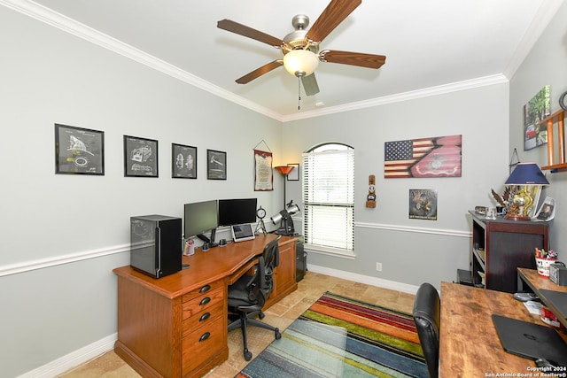 office space featuring ornamental molding and ceiling fan