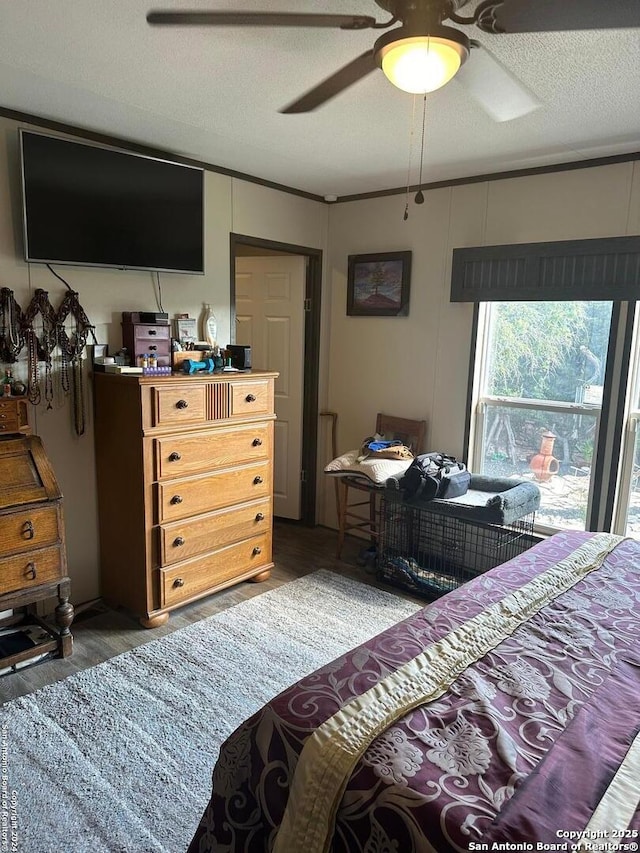 bedroom featuring a textured ceiling, ceiling fan, and dark hardwood / wood-style flooring