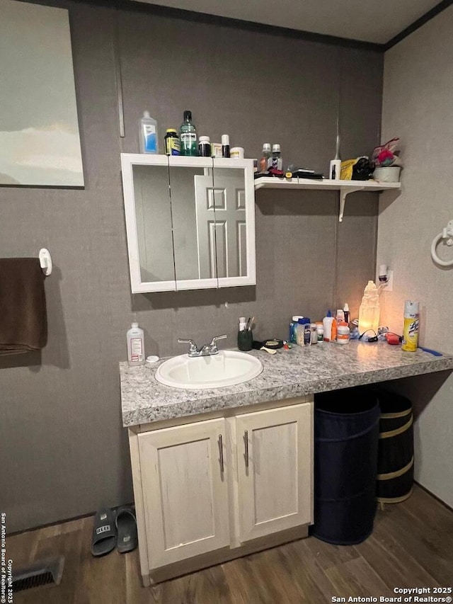 bathroom featuring vanity and hardwood / wood-style floors