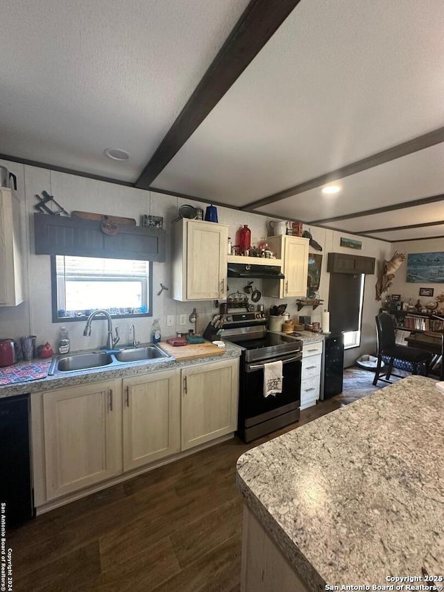 kitchen featuring beam ceiling, electric stove, sink, a textured ceiling, and dark wood-type flooring