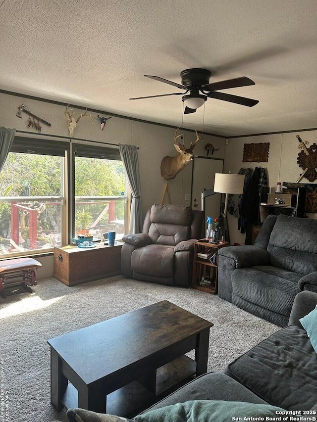 carpeted living room featuring a textured ceiling and ceiling fan