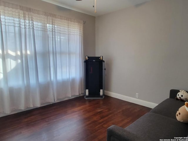 interior space featuring ceiling fan, a wealth of natural light, and dark hardwood / wood-style flooring