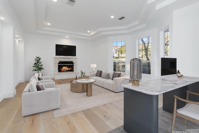 living room with a fireplace, a raised ceiling, and light wood-type flooring