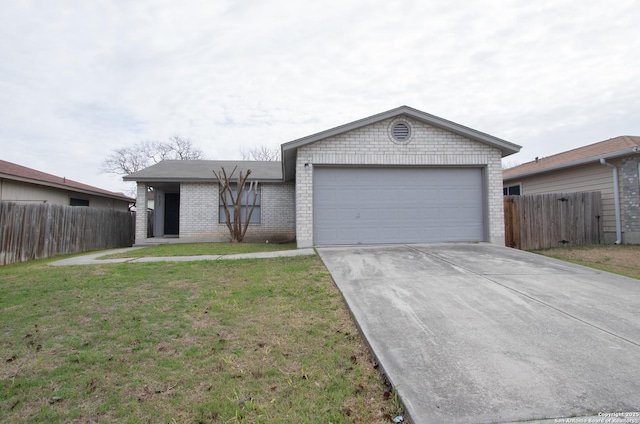 single story home with a garage and a front yard