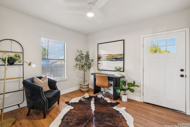 interior space with ceiling fan and light wood-type flooring