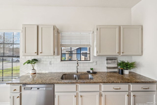 kitchen with stainless steel dishwasher, sink, decorative backsplash, and white cabinets