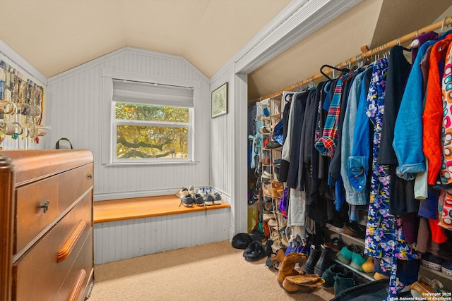 walk in closet featuring lofted ceiling and carpet