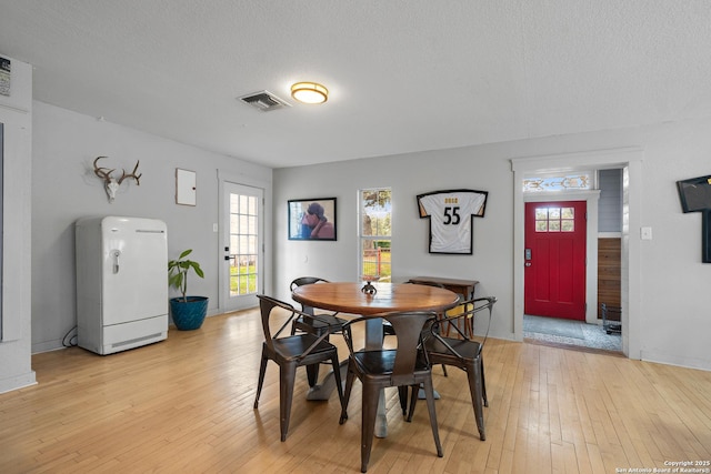 dining room featuring a healthy amount of sunlight, a textured ceiling, and light wood-type flooring