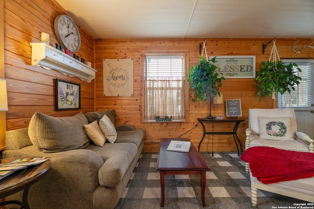 living room with wooden walls