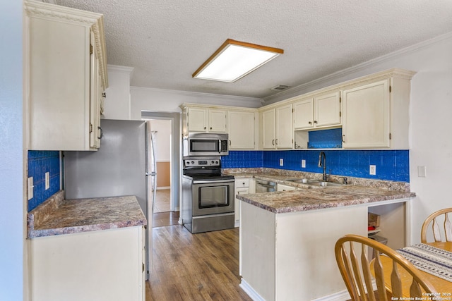 kitchen featuring tasteful backsplash, appliances with stainless steel finishes, kitchen peninsula, and sink