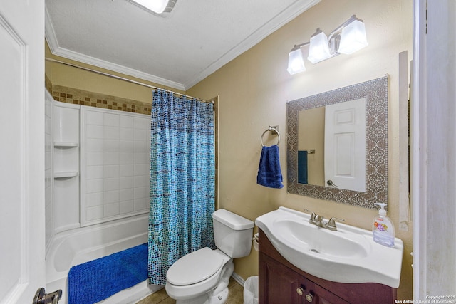 full bathroom with crown molding, shower / tub combo, vanity, and toilet