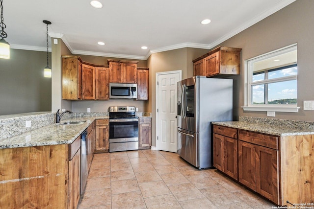 kitchen featuring sink, kitchen peninsula, pendant lighting, stainless steel appliances, and light stone countertops