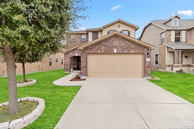 view of front of home with a garage and a front lawn