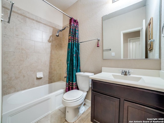 full bathroom with vanity, tile patterned floors, shower / bath combination with curtain, and toilet