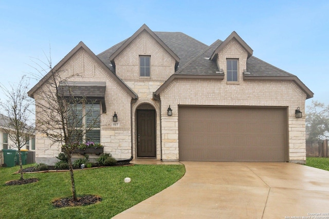 french provincial home with a garage and a front lawn