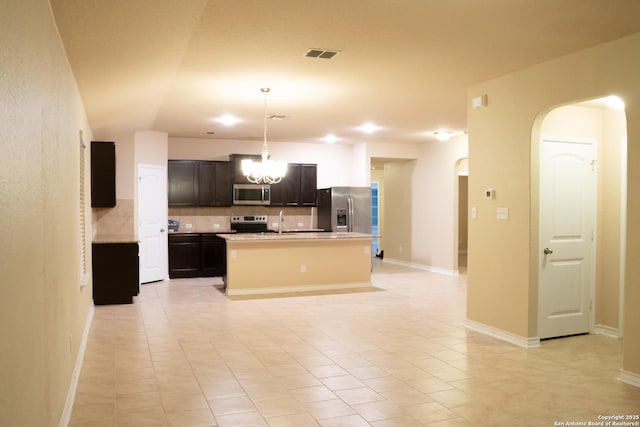 kitchen featuring pendant lighting, sink, appliances with stainless steel finishes, a kitchen island with sink, and decorative backsplash