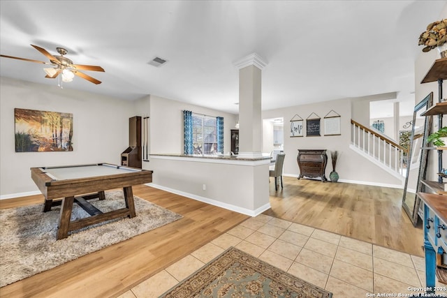 game room featuring ceiling fan, plenty of natural light, light tile patterned floors, and pool table