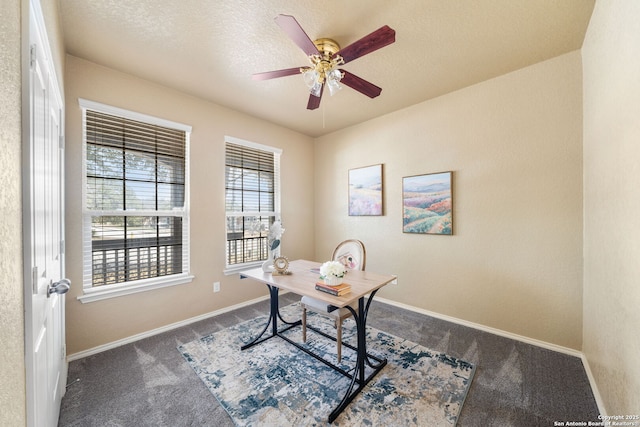 office with ceiling fan, carpet, and a textured ceiling