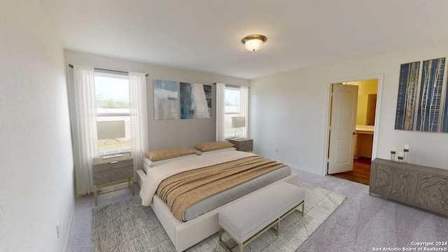 bedroom with light colored carpet