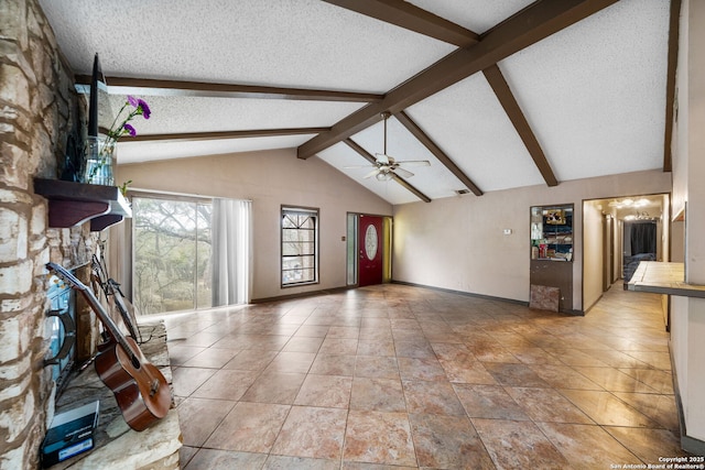 unfurnished living room featuring ceiling fan, lofted ceiling with beams, a textured ceiling, and light tile patterned flooring