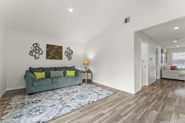 living room with wood-type flooring and lofted ceiling