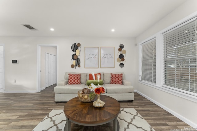 living room with dark wood-type flooring